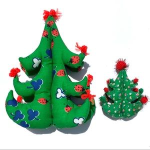 pair of Vintage 3D Stuffed Fabric Christmas Trees Green Red handmade